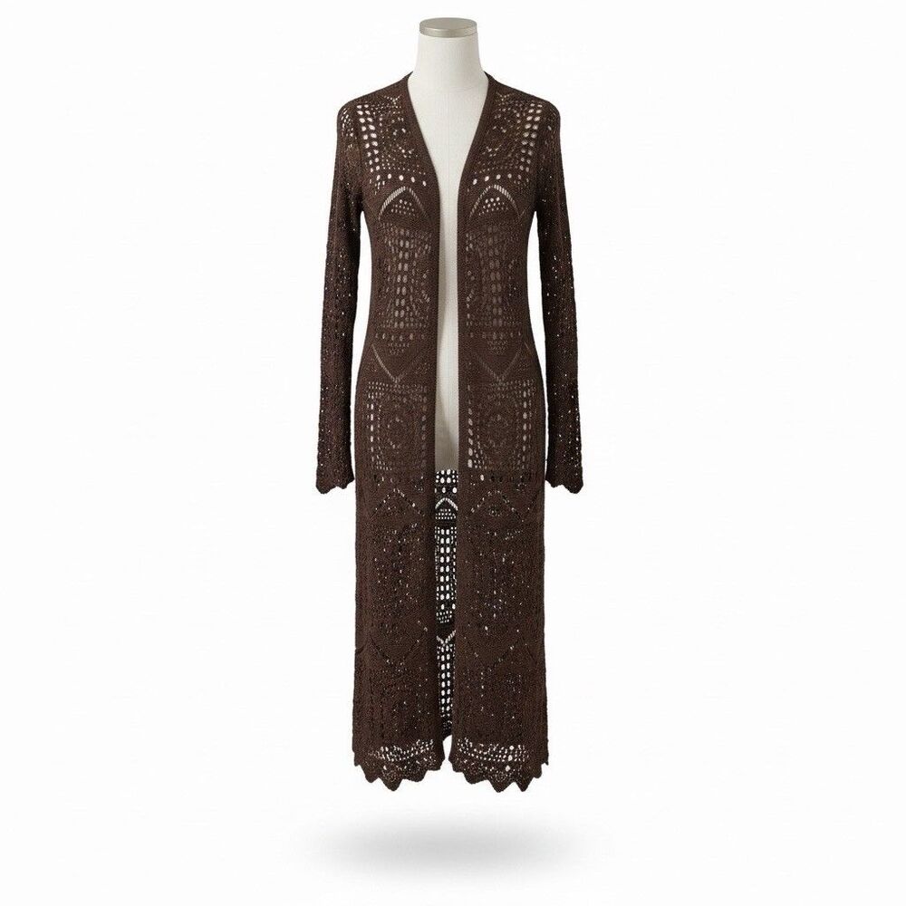 Womens Boho Whimsigoth Crochet Brown Duster Cardigan Sz S Fairy Grunge Festival